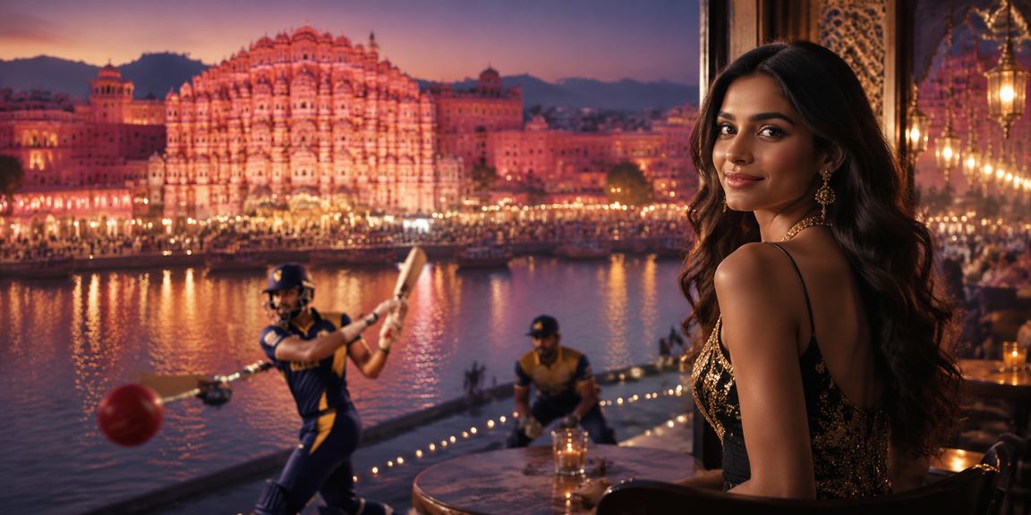 Vibrant night cricket and casino scene at Jaipur Hawa Mahal