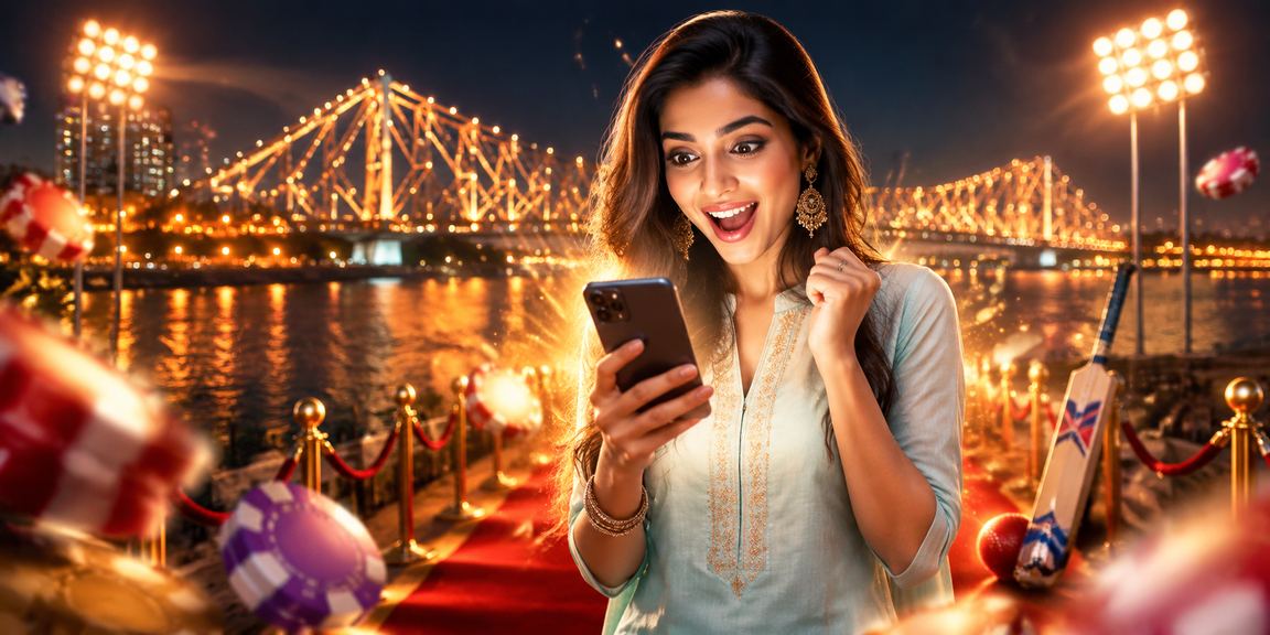 Teen Patti player relaxing with mobile device near Howrah Bridge in Kolkata